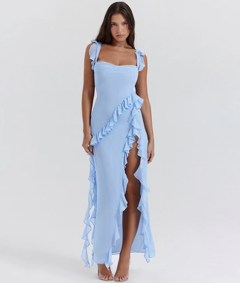Damen nan langes Abendkleid mit quadratischem Ausschnitt, Schulter-Rüschenträgern und hoher Beinschlitze Drune
