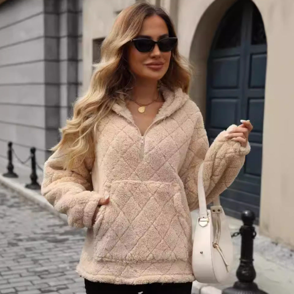 Damen Flauschiger Hoodie mit Stehkragen und Kängurutasche Drune