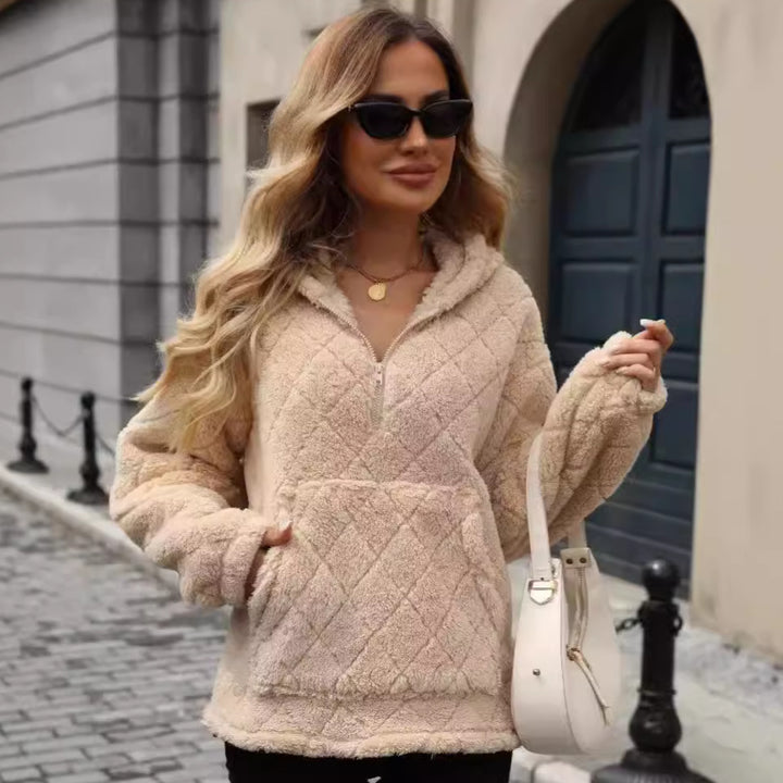 Damen Flauschiger Hoodie mit Stehkragen und Kängurutasche Drune