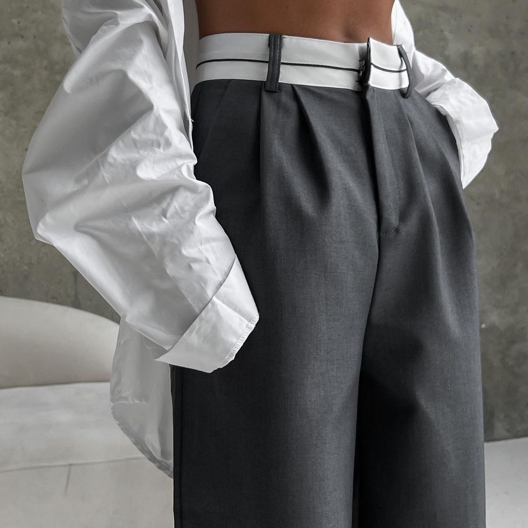 Damen weite Stoffhose mit elastischem Bund und kontrastierendem Gürtel Drune