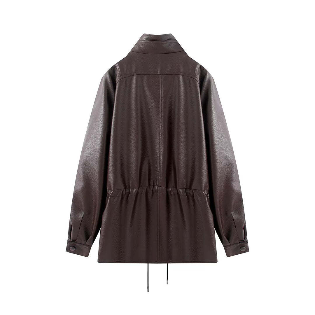 Damen Doppelreihige Kunstlederjacke mit Stehkragen, weitem Revers und Tunnelzug Drune