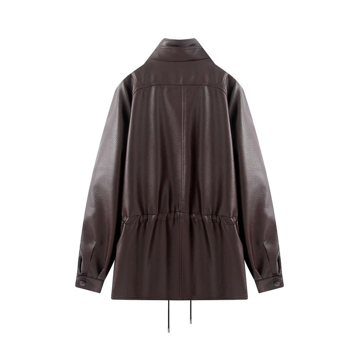 Damen Doppelreihige Kunstlederjacke mit Stehkragen, weitem Revers und Tunnelzug Drune
