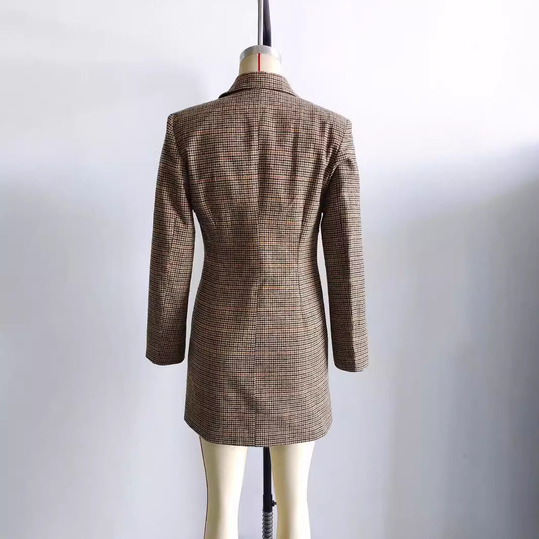 Damen nan taillierter zweireihiger Longblazer mit Glencheck-Struktur, Schalkragen und Pattentaschen Drune