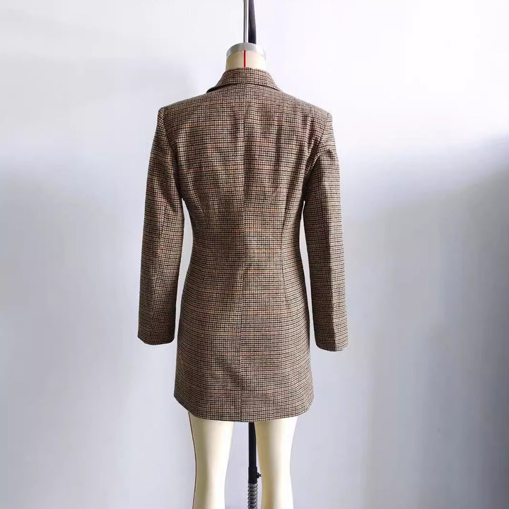 Damen nan taillierter zweireihiger Longblazer mit Glencheck-Struktur, Schalkragen und Pattentaschen Drune