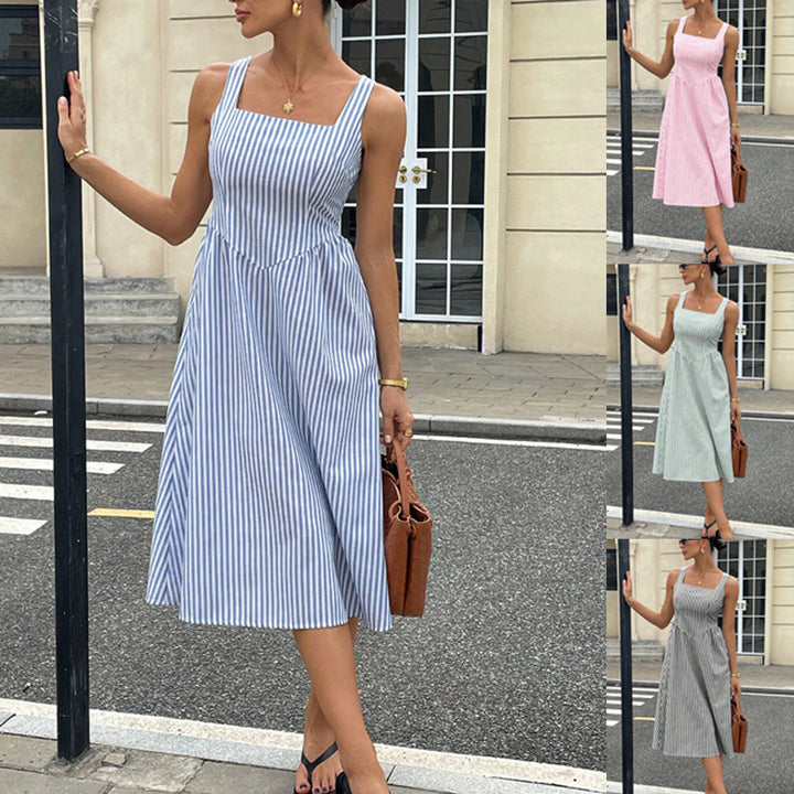 Damen Midikleid mit quadratischem Ausschnitt, breiten Trägern und tailliertem A-Linien Schnitt Drune