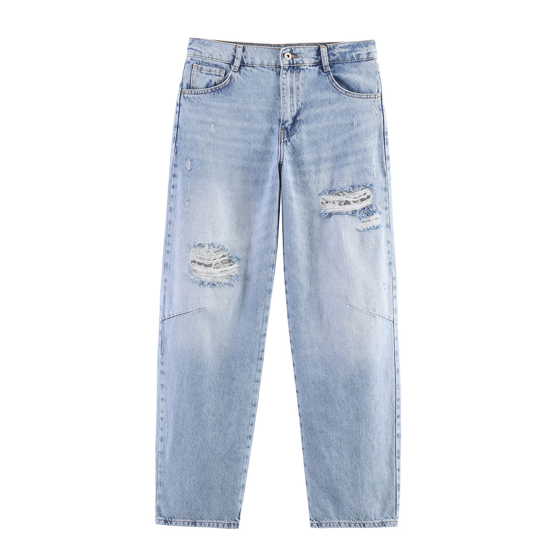 Damen nan relaxed Straight‑Leg Jeans mit Destroyed‑Details und Spitzenunterlage Drune