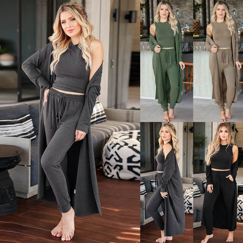 Damen Dreiteiliges Lounge-Set aus weichem Viskosemix mit Longcardigan, Crop-Top und Jogginghose Drune