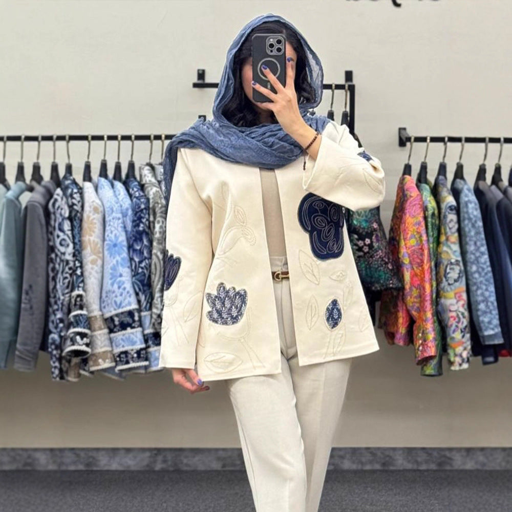 Damen offener Strickblazer mit floraler Stickerei & Applikationen Drune