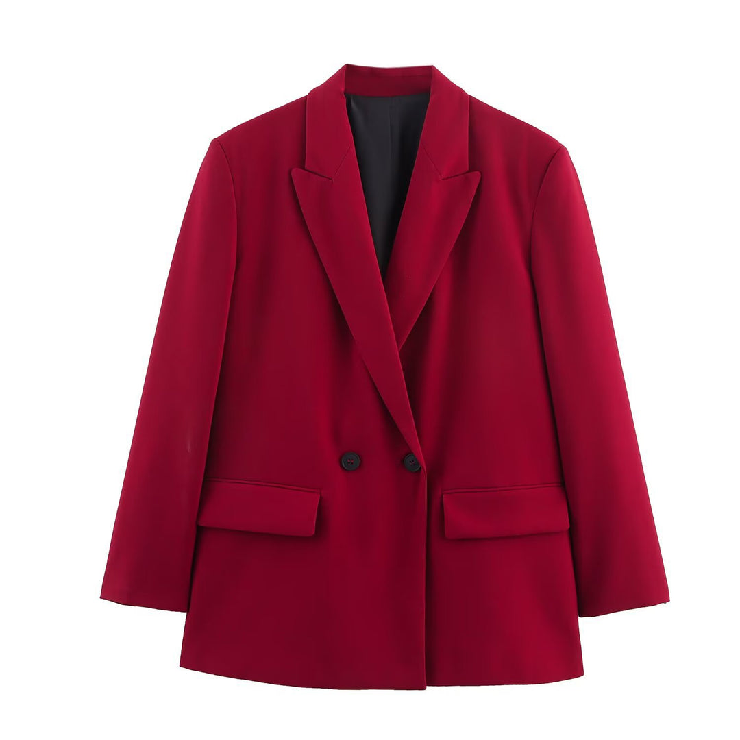 Damen Doppelreiher-Blazer mit Reverskragen, längerem Oversize-Schnitt und Pattentaschen Drune
