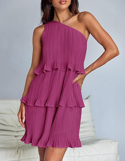 Damen Ärmelloses plissiertes Stufenkleid mit asymmetrischer Schulterpartie Drune