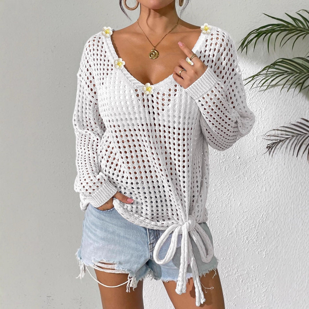 Damen luftiger Strickpullover mit floralem Dekor Drune