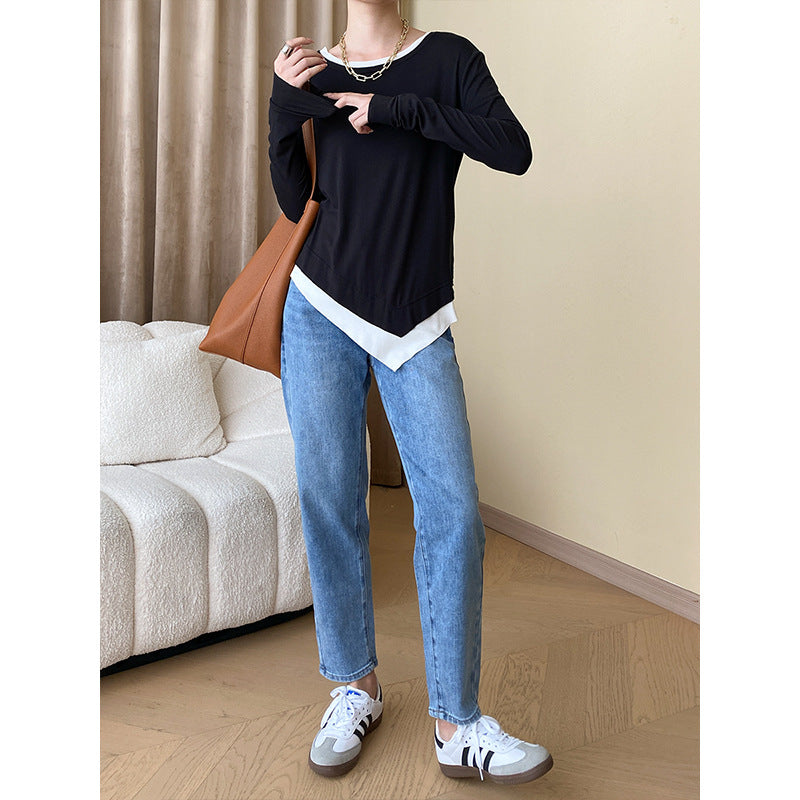 Damen lässiges Langarmshirt mit asymmetrischem Saum und feinem Material Drune