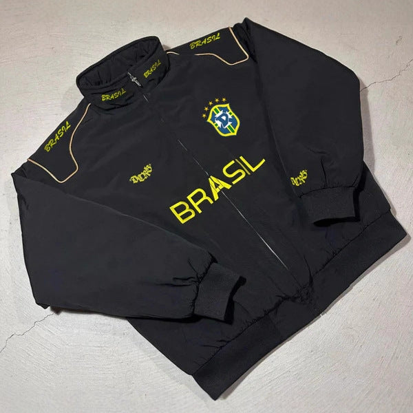 Unisex nan sportliche Retro-Trainingsjacke mit Stehkragen Reißverschluss Brustemblem und Brasilien-Schriftzug Drune