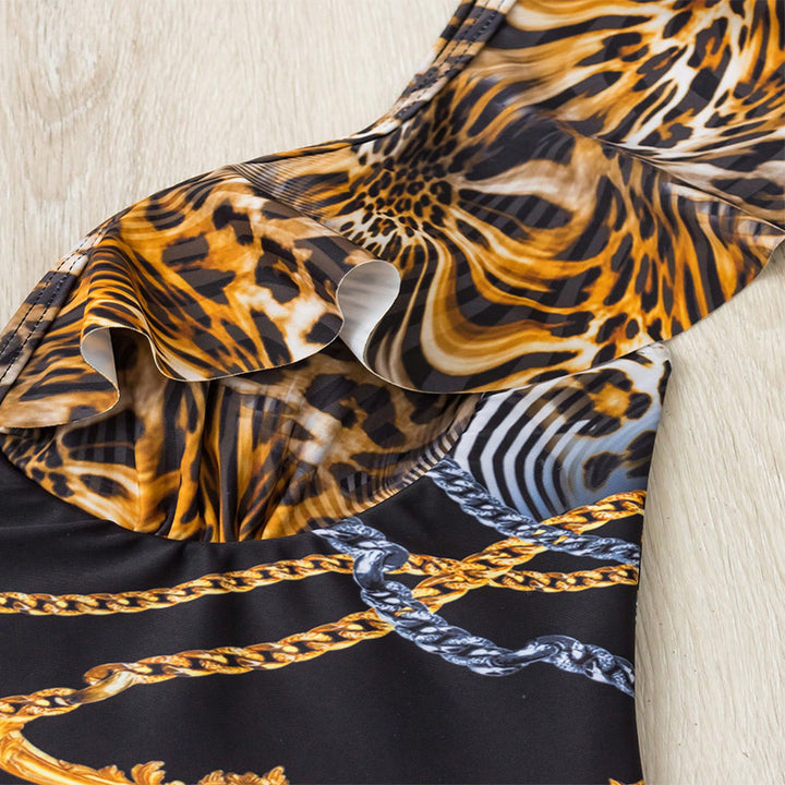 Damen Einteiler Badeanzug mit zarten Rüschendetails und luxuriösem Leo-Design Drune