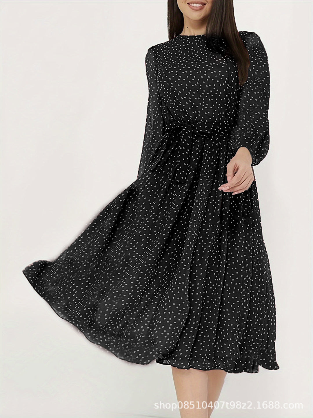 Damen Midikleid mit Punkten, taillierter Bindegürtel und Volantrock Drune