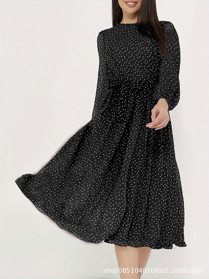 Damen Midikleid mit Punkten, taillierter Bindegürtel und Volantrock Drune