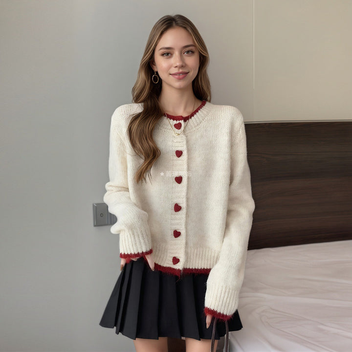 Damen Gemütlicher Strickcardigan mit Herzknöpfen Drune