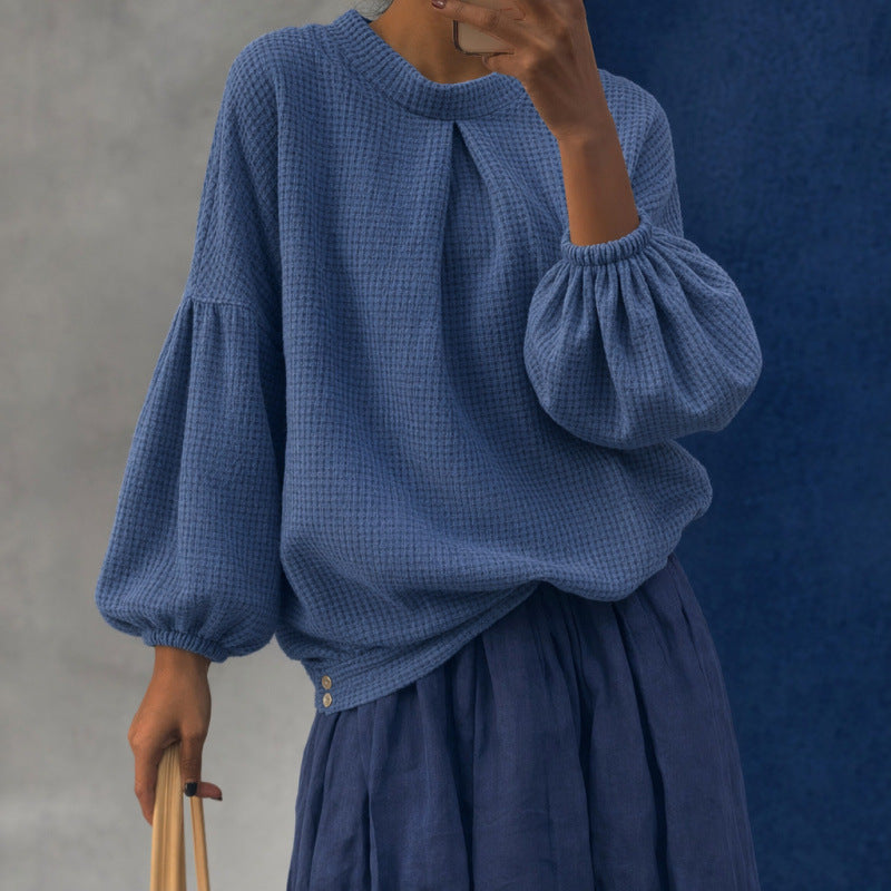 Damen Oversize Waffelstrickpullover mit Ballonärmeln und Kellerfalte Drune