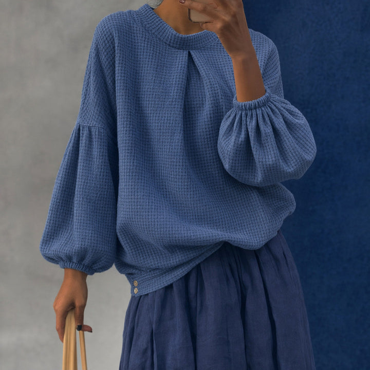 Damen Oversize Waffelstrickpullover mit Ballonärmeln und Kellerfalte Drune