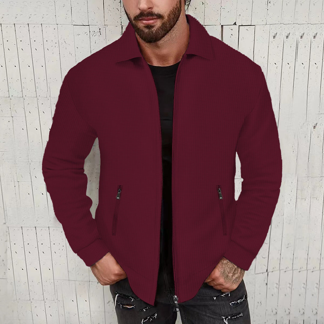 Herren minimalistische Stehkragen-Feinstrick-Übergangsjacke mit Zwei-Wege-Reißverschluss und verdeckten Reißverschlusstaschen Drune