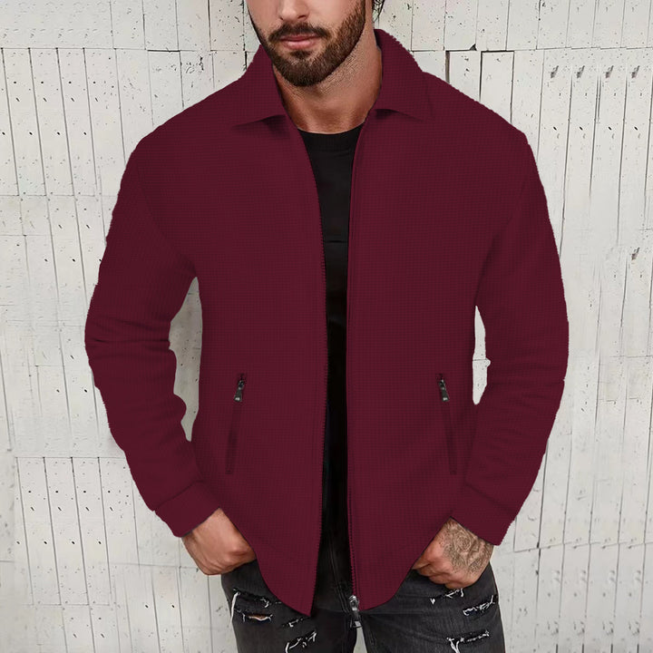 Herren minimalistische Stehkragen-Feinstrick-Übergangsjacke mit Zwei-Wege-Reißverschluss und verdeckten Reißverschlusstaschen Drune