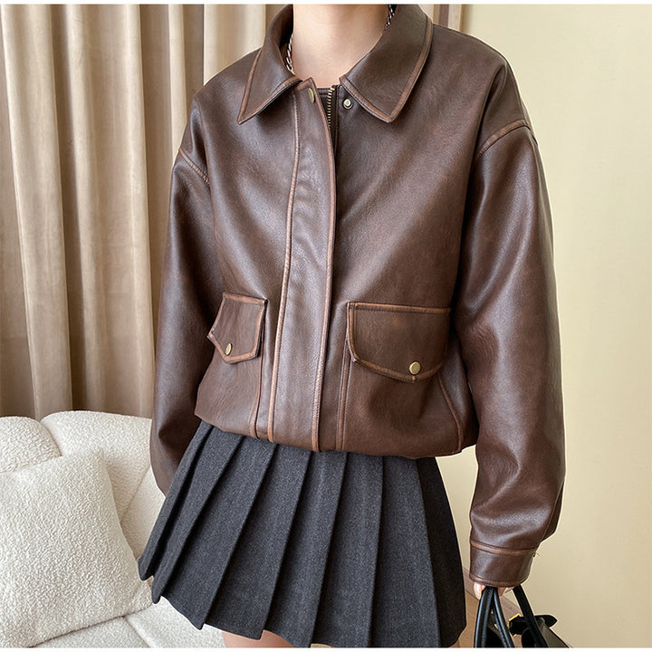 Damen Lässige Kunstlederjacke mit praktischen Taschen und elastischem Saum Drune