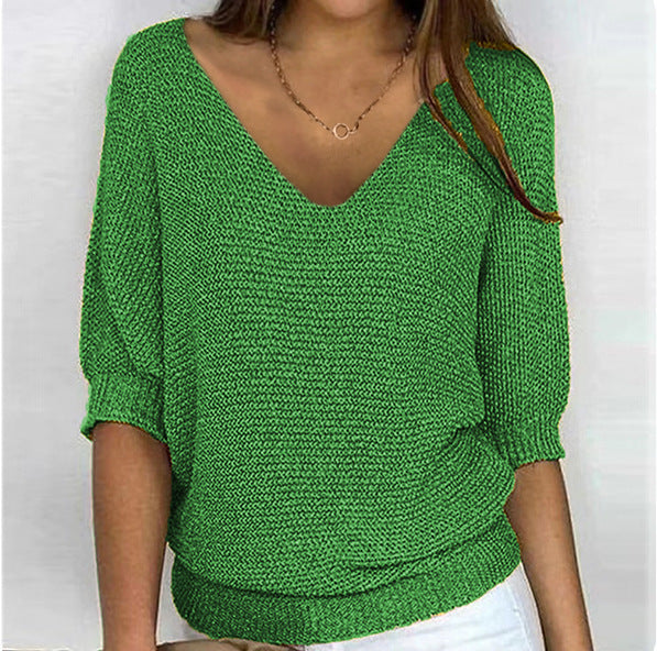 Damen nan lässiger Strickpullover mit V-Ausschnitt und Fledermausärmeln Drune