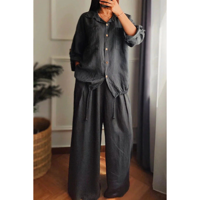 Damen Leinen-Set mit weiten Hosen undlässiger Bluse Drune