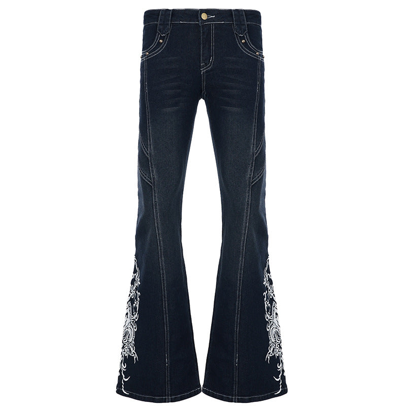 Damen Schlagjeans mit hoher Taille, dekorativer Seitenstickerei und ausgestelltem Bootcut Drune