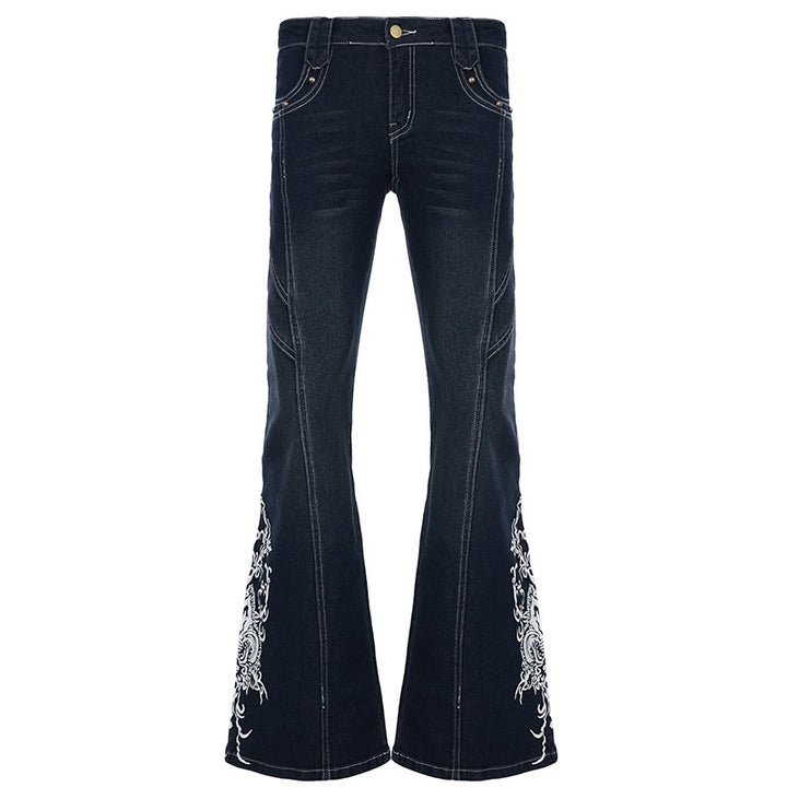 Damen Schlagjeans mit hoher Taille, dekorativer Seitenstickerei und ausgestelltem Bootcut Drune