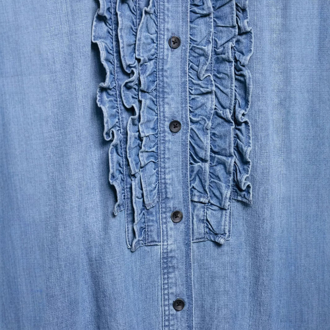 Damen nan Chambray-Bluse mit Rüschenknopfleiste, Hemdkragen und verlängertem Saum Drune