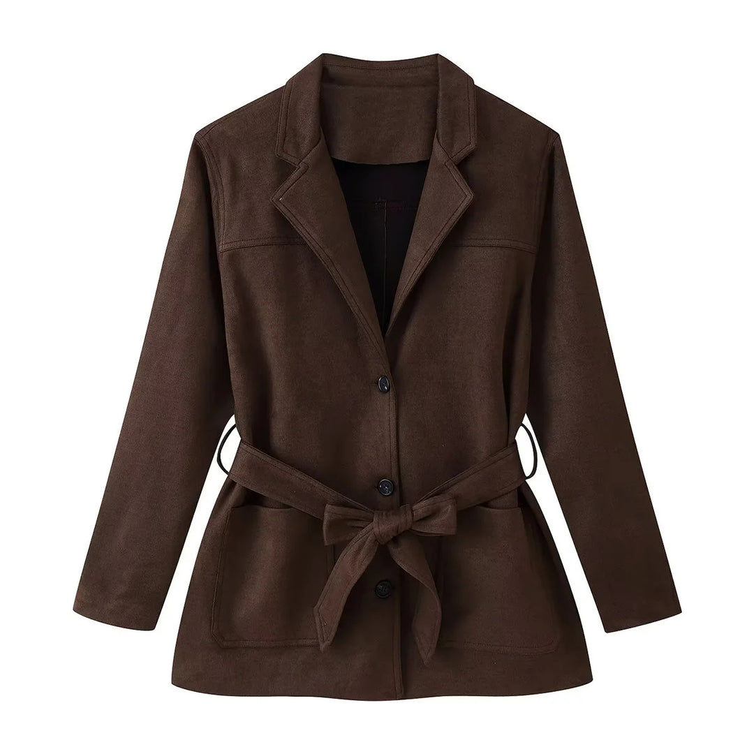 Damen nan taillierte Taillengürtel-Blazerjacke aus Veloursimitat mit Pattentaschen Drune