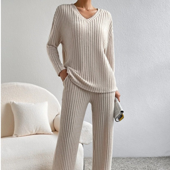 Damen Lässiges Freizeitsweat-Set mit V-Ausschnitt und weitem Schnitt Drune
