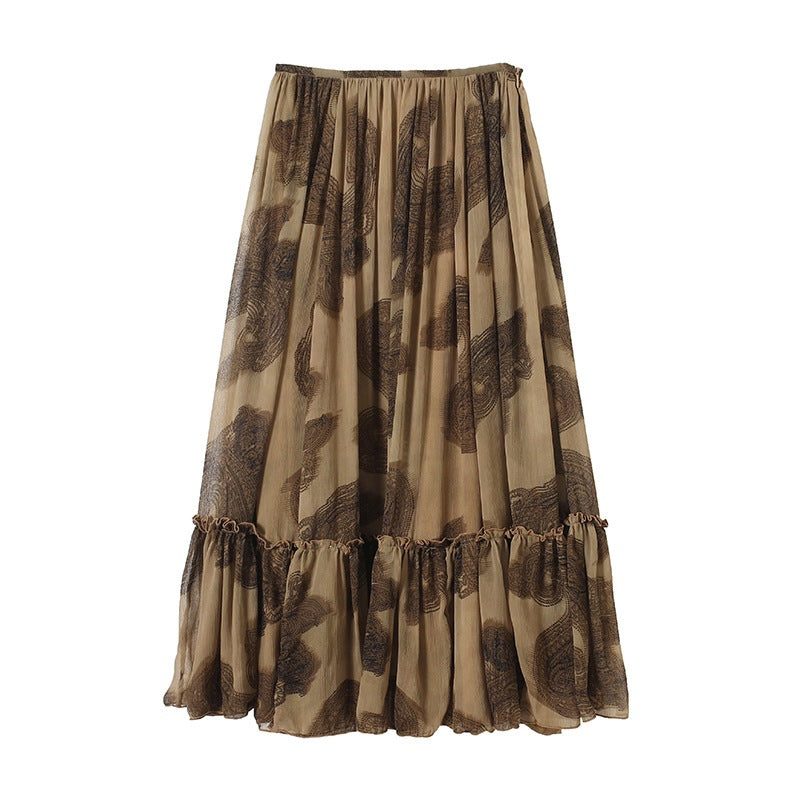 Damen Maxirock aus Chiffon mit Plissée, Elastischem Bund und Volantsaum Drune