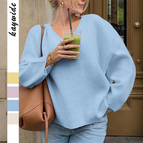 Damen nan oversized V-Ausschnitt Feinstrickpullover mit überschnittener Schulter, langen Kimonärmeln und breitem Rippbund Drune