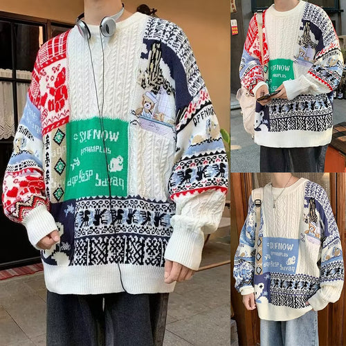 Herren Gemütlicher Grobstrickpullover mit buntem Patchwork Drune