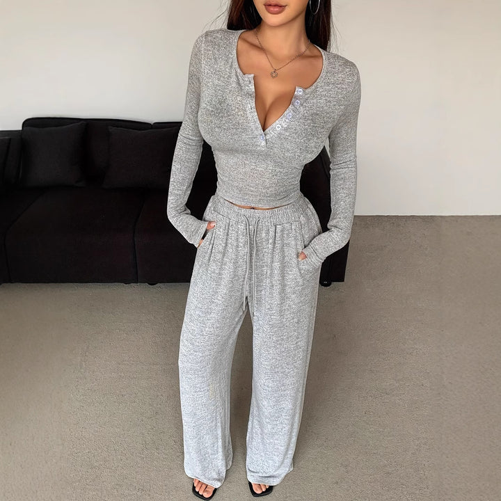 Damen Casual Rippstrick Lounge-Set mit Off-Shoulder Henley-Oberteil und weit geschnittenen Jogginghosen Drune