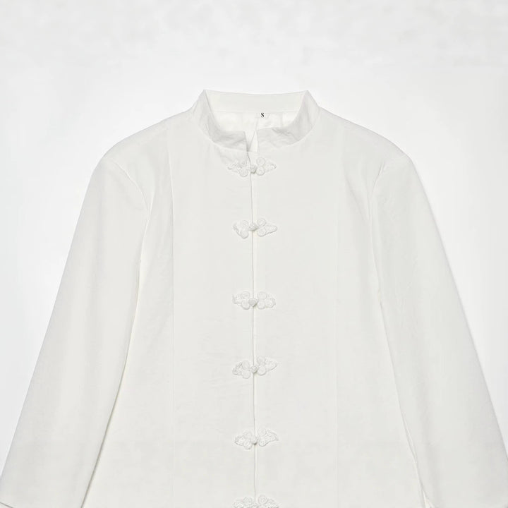 Damen Kurzjacke im Mandarin-Stil mit chinesischen Knotenverschlüssen und geradem Schnitt Drune