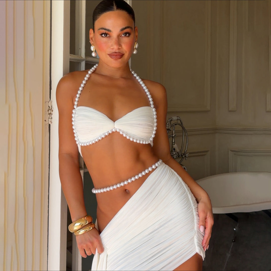 Damen Elegantes Bikiniset mit drapierten Details und Perlenakzenten Drune