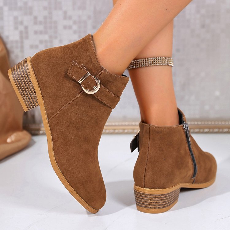 Damen Veloursleder-Ankle-Boots mit seitlichem Reißverschluss, Zier-Schnalle und niedrigem Blockabsatz Drune