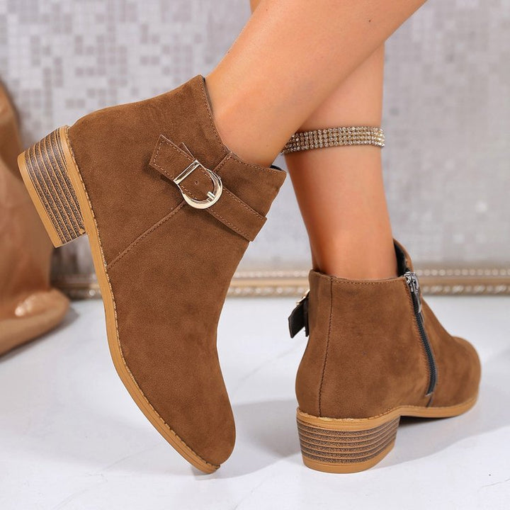 Damen Veloursleder-Ankle-Boots mit seitlichem Reißverschluss, Zier-Schnalle und niedrigem Blockabsatz Drune