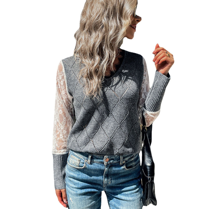 Damen Lässiger Feinstrickpullover mit Ajour‑Rautenmuster, transparenten Spitzenärmeln und gerippten Bündchen Drune