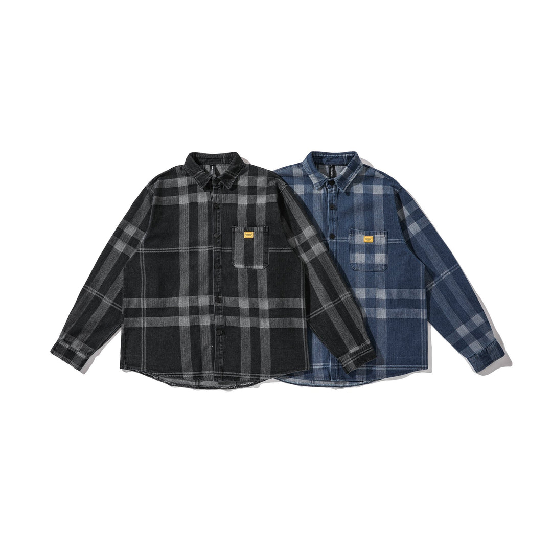 Herren Oversized Karo-Hemdjacke im Worker‑Style mit abgerundetem Saum und Brusttasche Drune