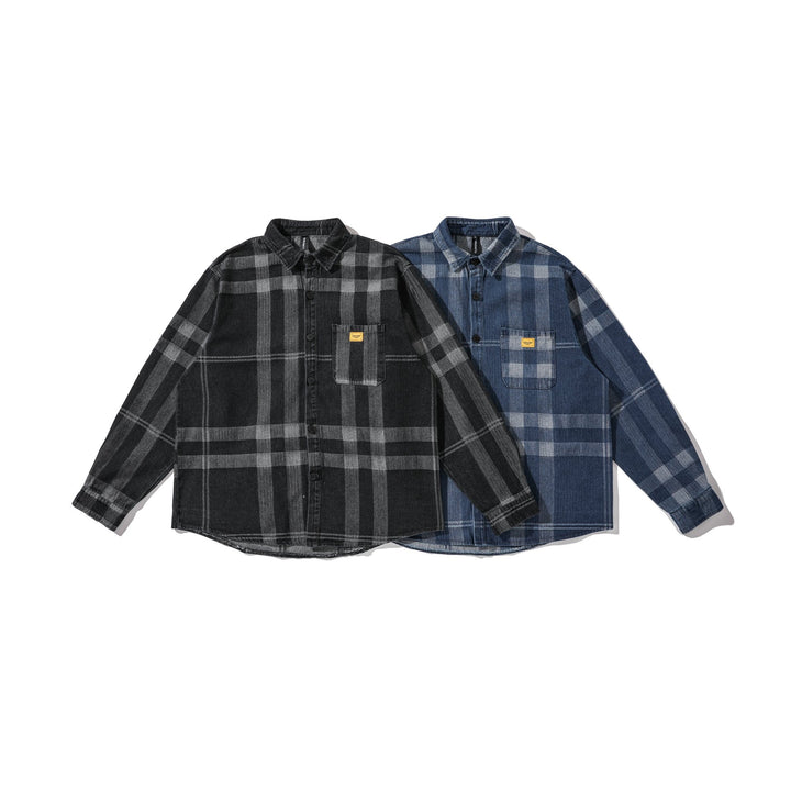 Herren Oversized Karo-Hemdjacke im Worker‑Style mit abgerundetem Saum und Brusttasche Drune