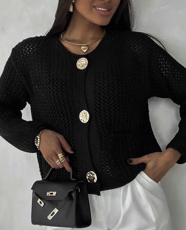 Damen luftiger Strickjacke mit dekorativem Netzdesign und praktischen Taschen Drune