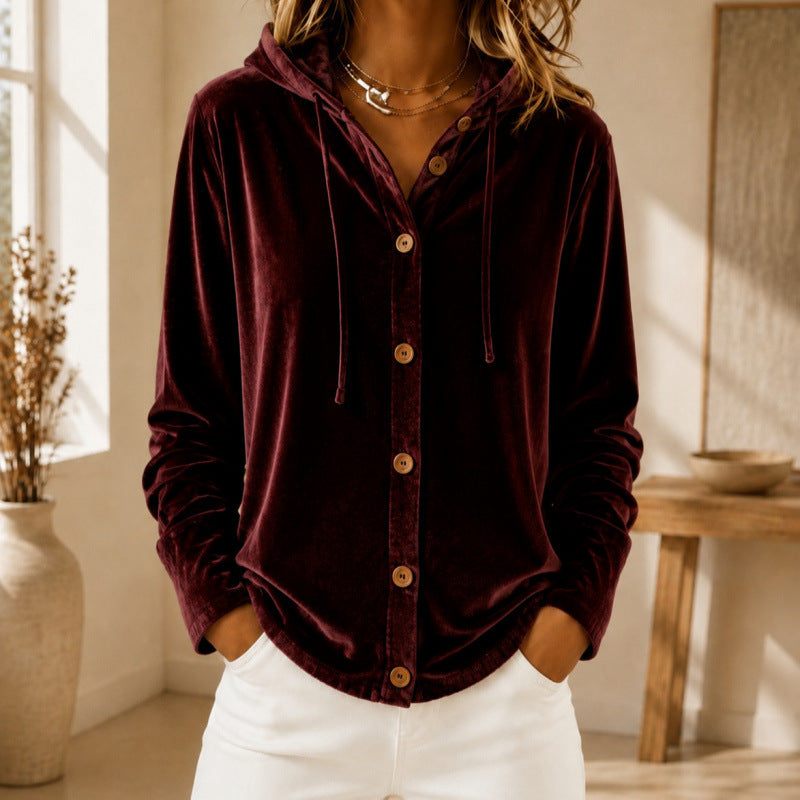 Damen Velours-Hemdjacke mit Kapuze und Knopfleiste Drune