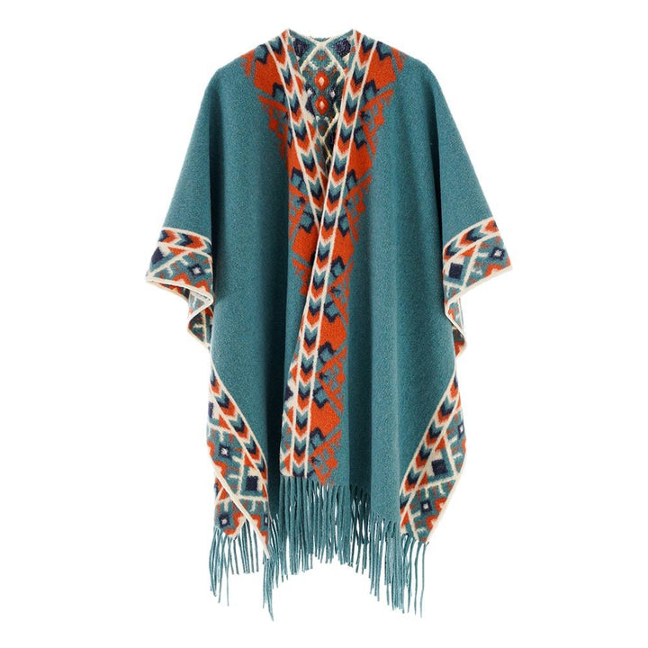 Damen Poncho‑Überwurf mit Ethno-Jacquard und Fransensaum Drune