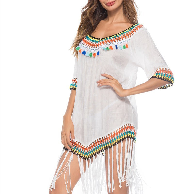 Damen Strandüberwurfkleid mit fransigem Saum und buntem Häkelmuster Drune