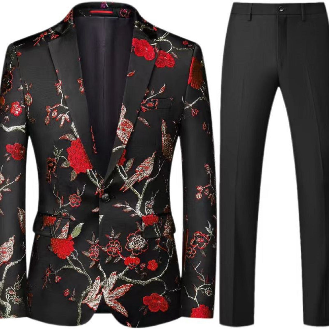 Herren Brokat-Sakko mit floralem Jacquard und Slim-Fit Anzughose Drune