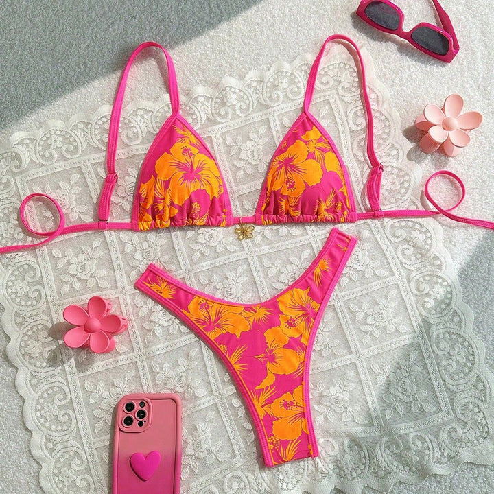 Damen Triangel-Bikini mit floralem Design und verstellbaren Trägern Drune